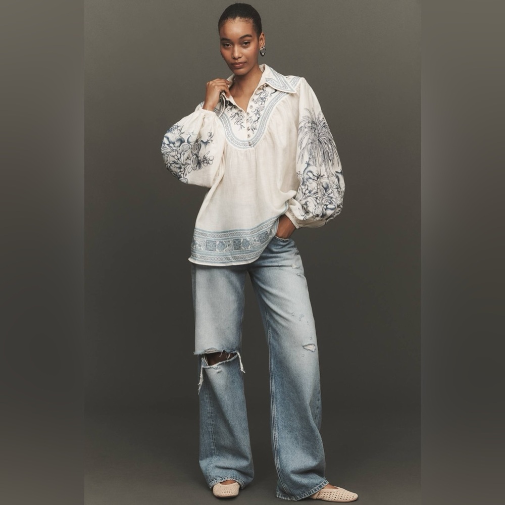 ALÉMAIS Villa Romantica Long-Sleeve Linen Blouse size - ivory pattern US 4 - Picture 3 of 9